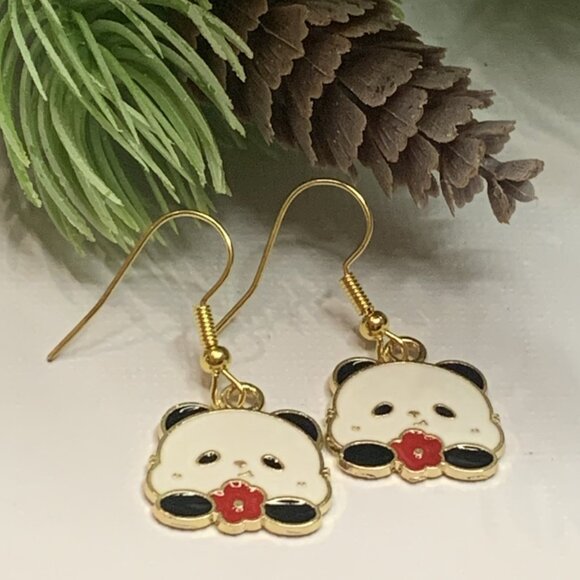 Panda Earring, Panda Bear Jewelry, Gift, Panda Jewelry, Flower Earring, Flower - Picture 5 of 8